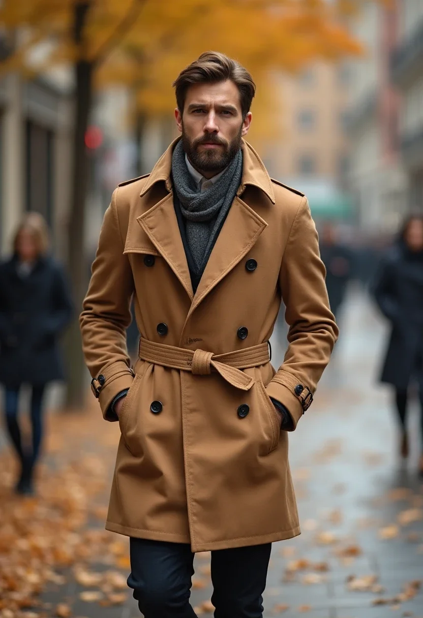 Man in a camel trench coat on a city street.