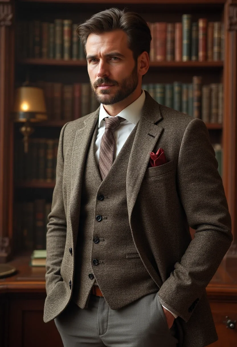 Man in a brown tweed jacket in a library.