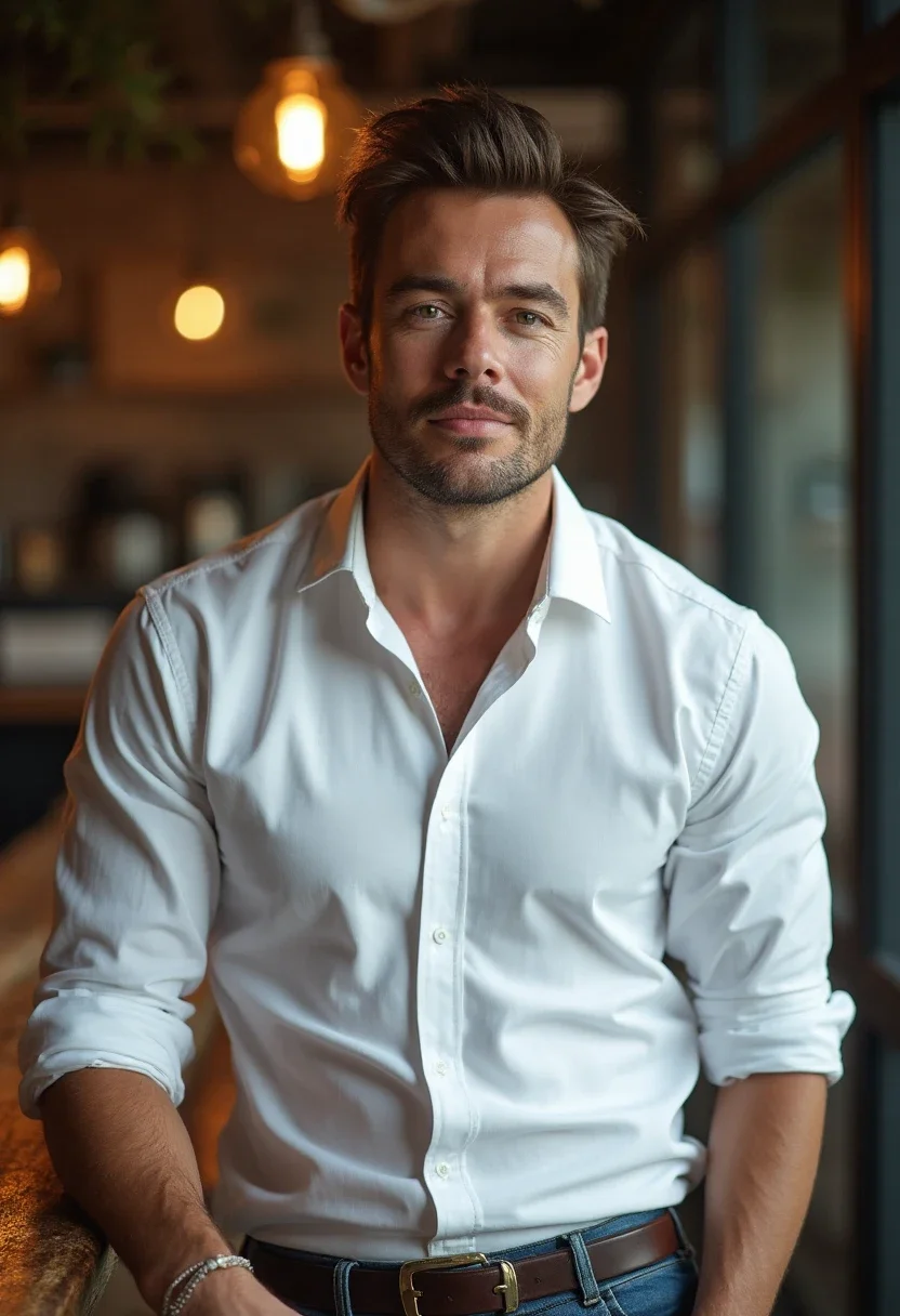Man in a white Oxford shirt leaning against a desk.