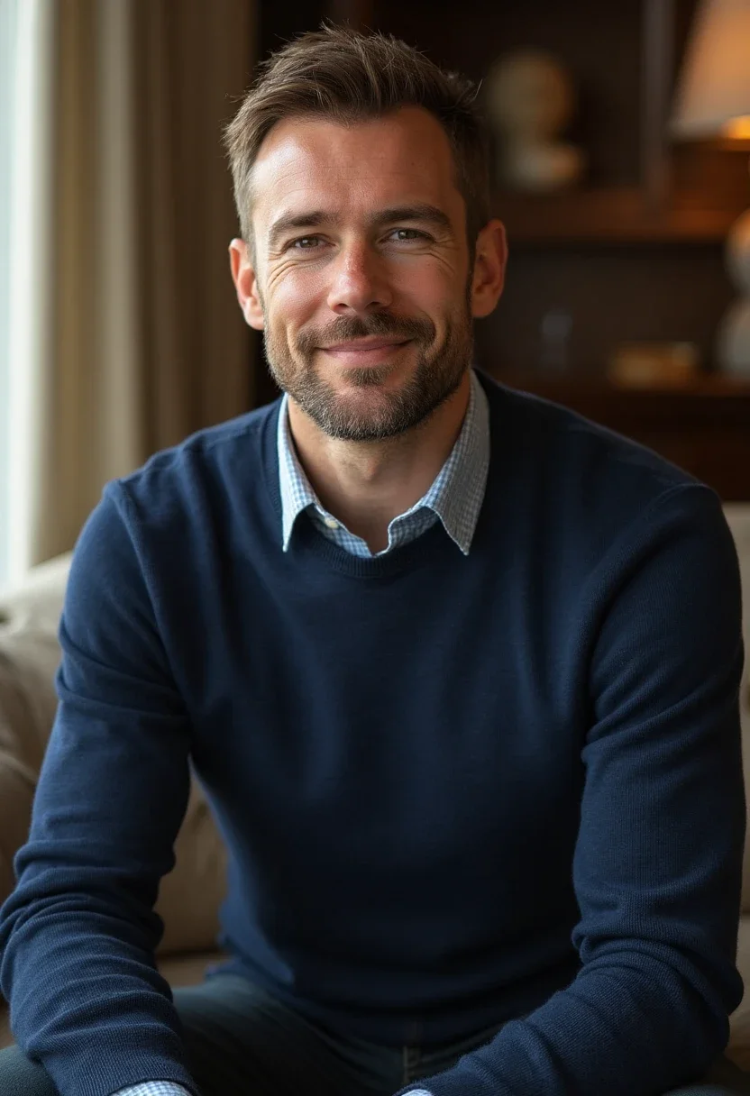 Man in a navy cashmere sweater in a living room.
