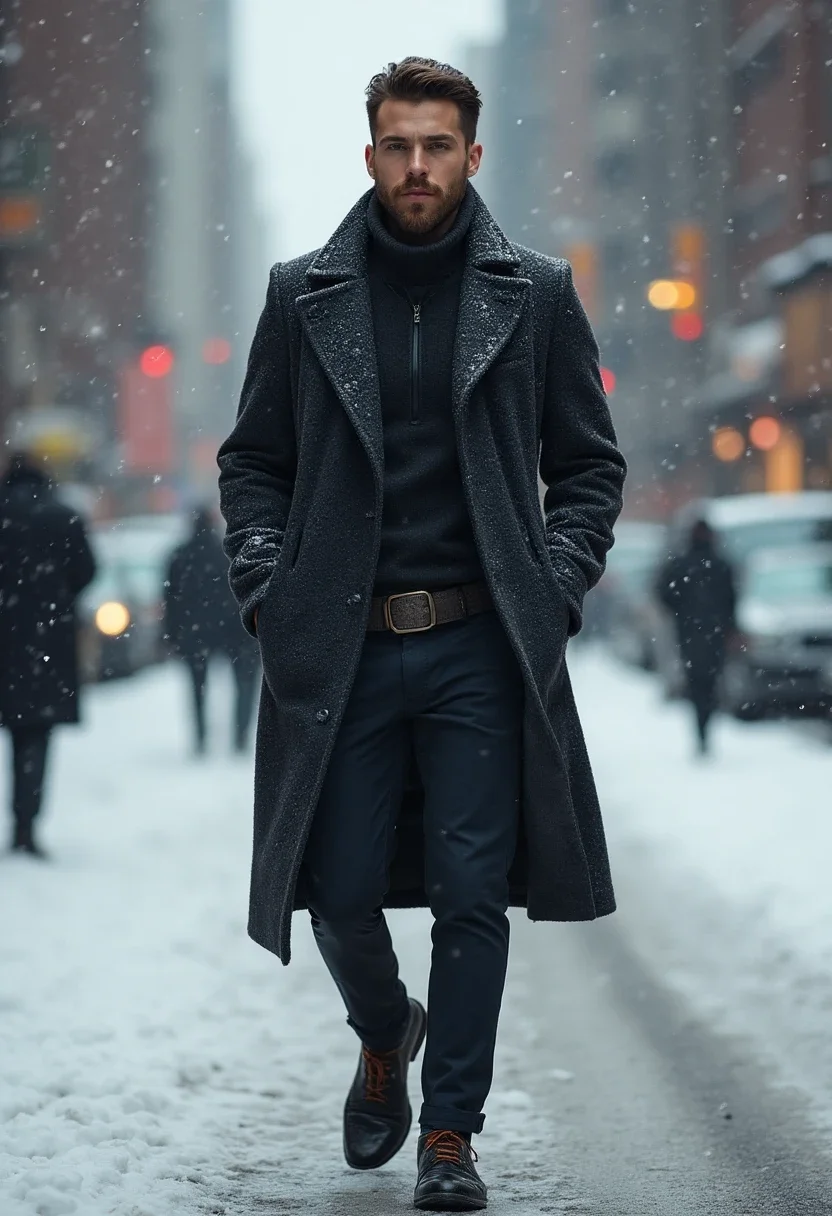 Man in a charcoal wool overcoat in a snowy city.