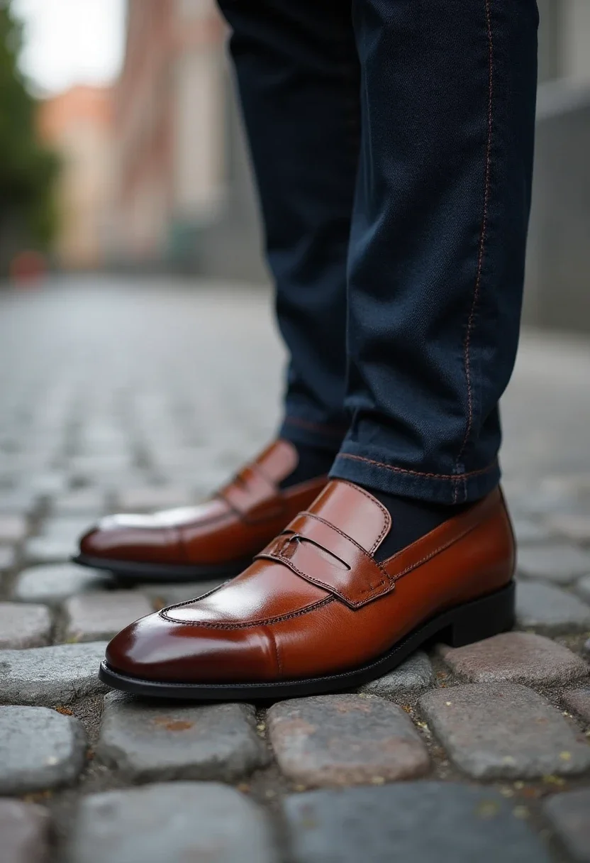Polished brown leather loafers on a cobblestone path.