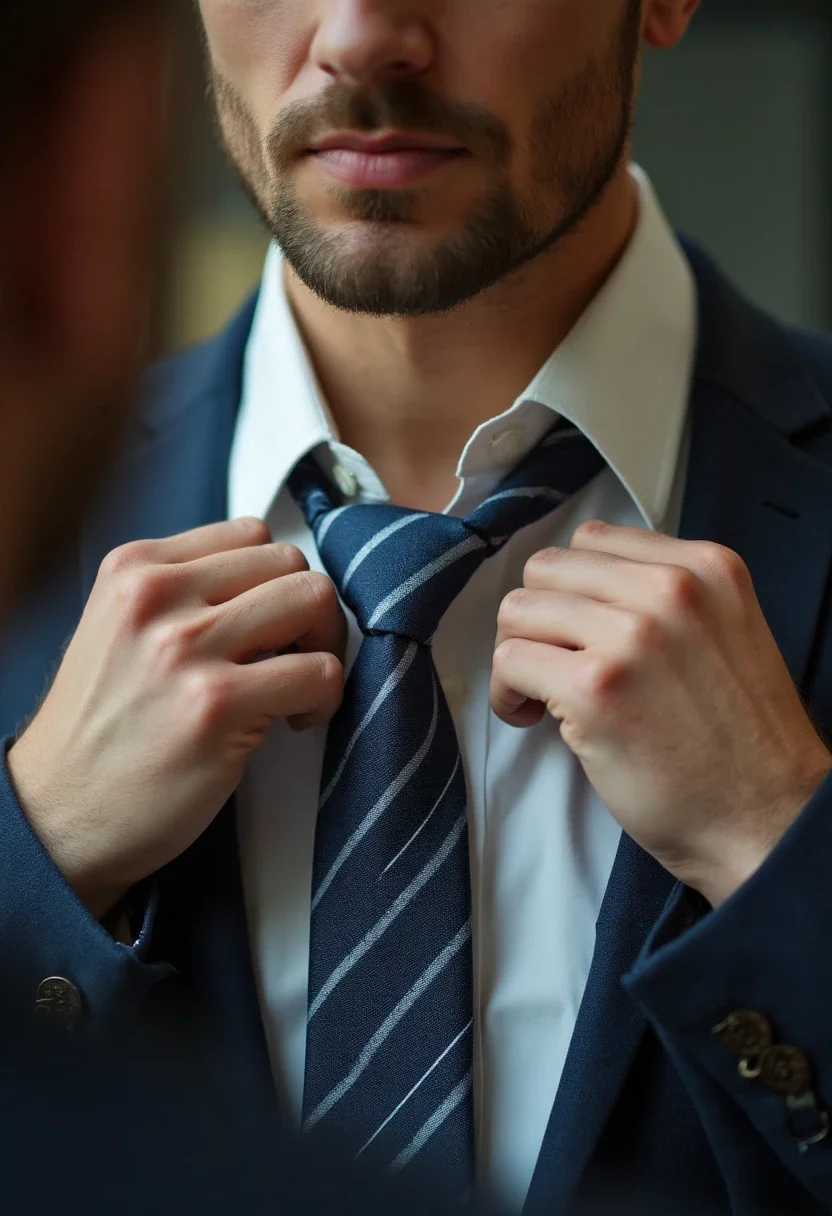 Man adjusting a striped silk tie in a mirror.