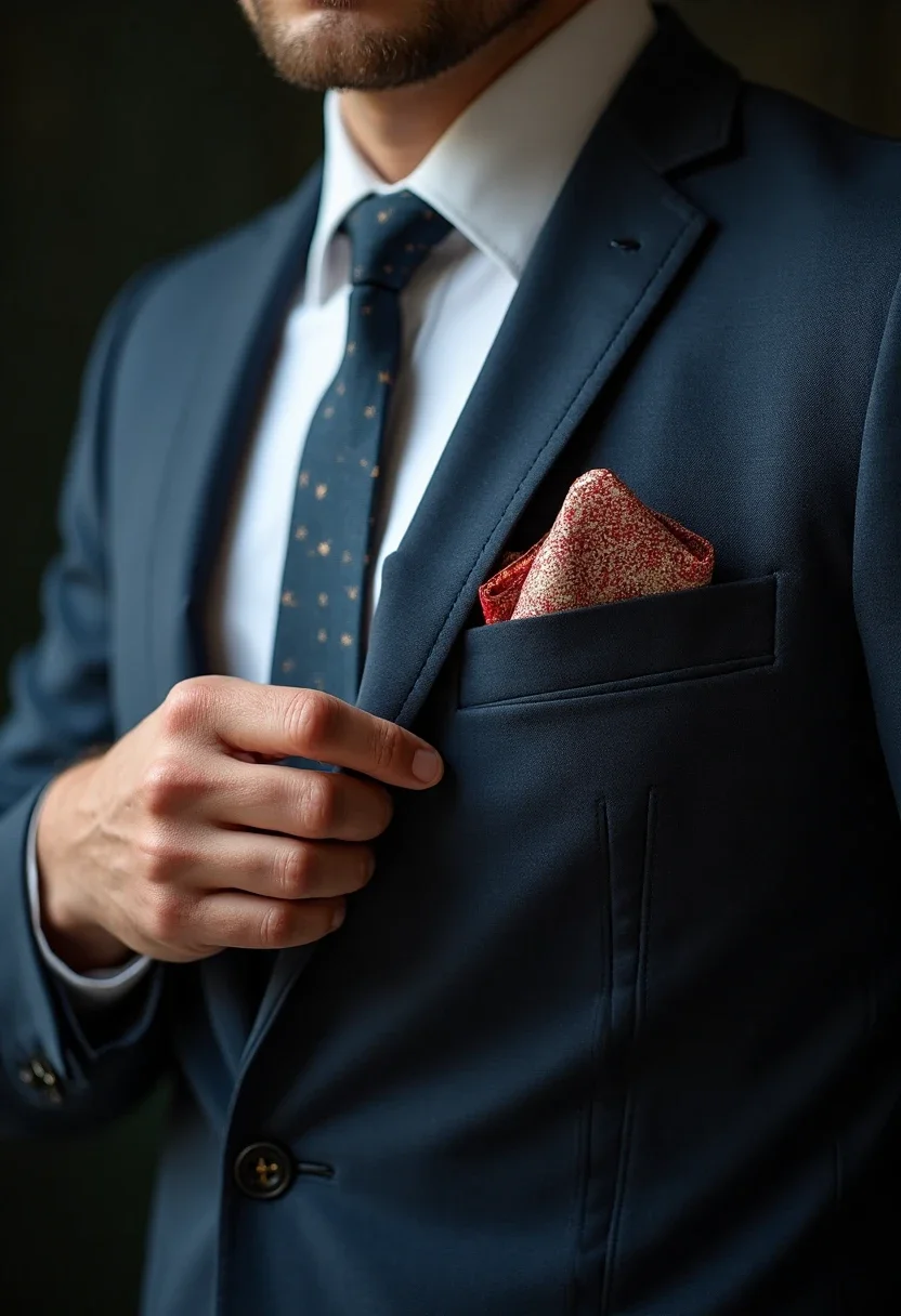 Man placing a silk pocket square in a suit jacket.