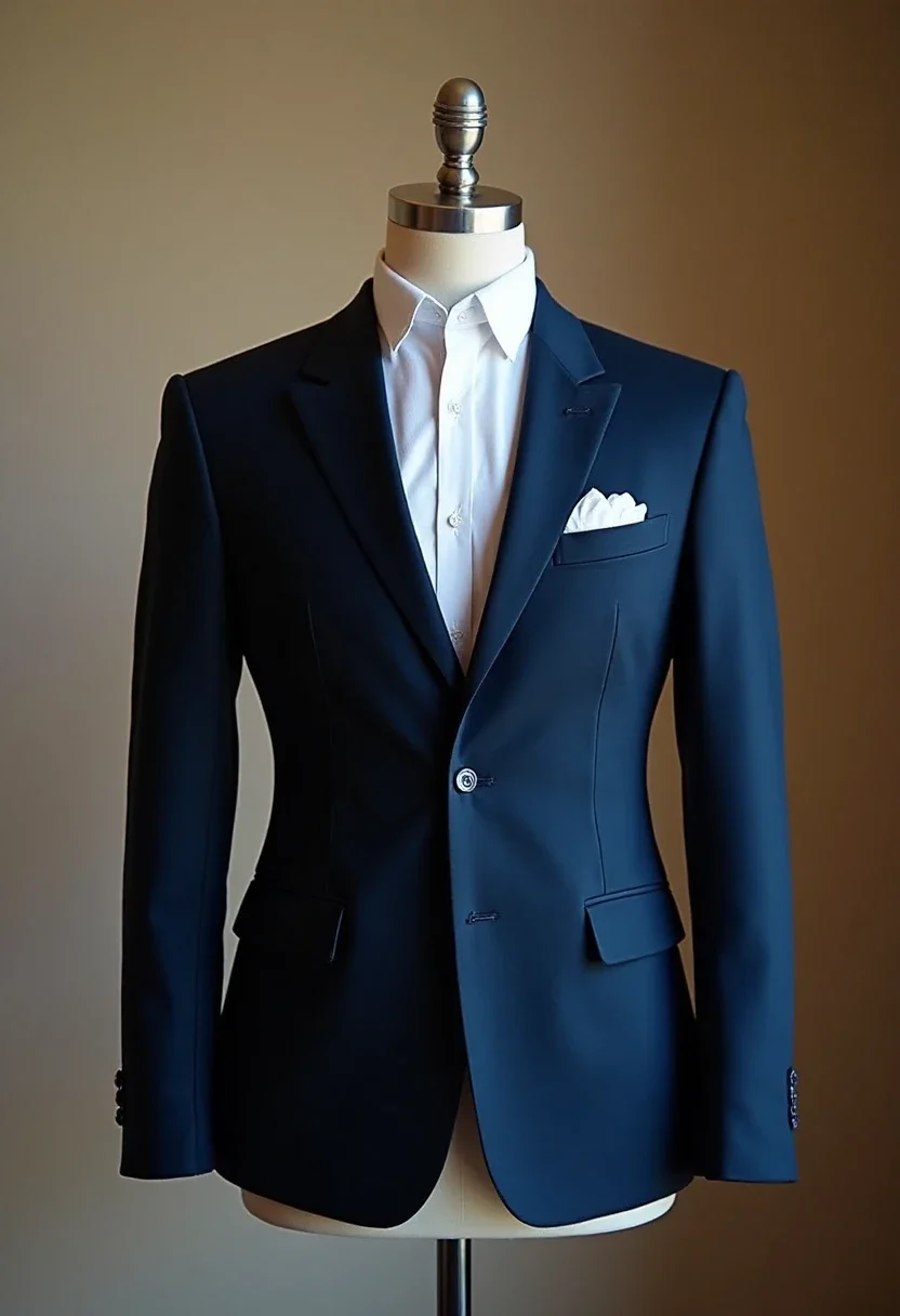 Navy blue tailored blazer on a mannequin.