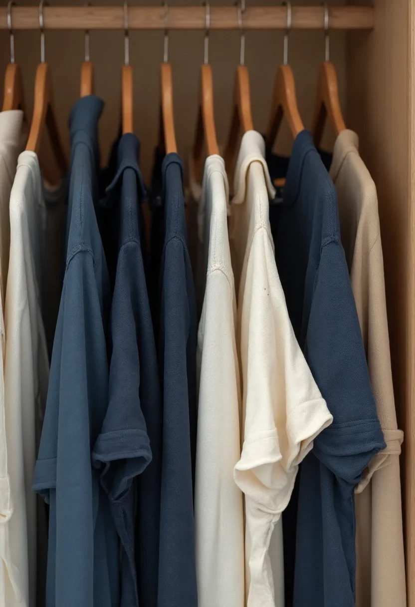 Clothes in muted colors hanging in a wardrobe.