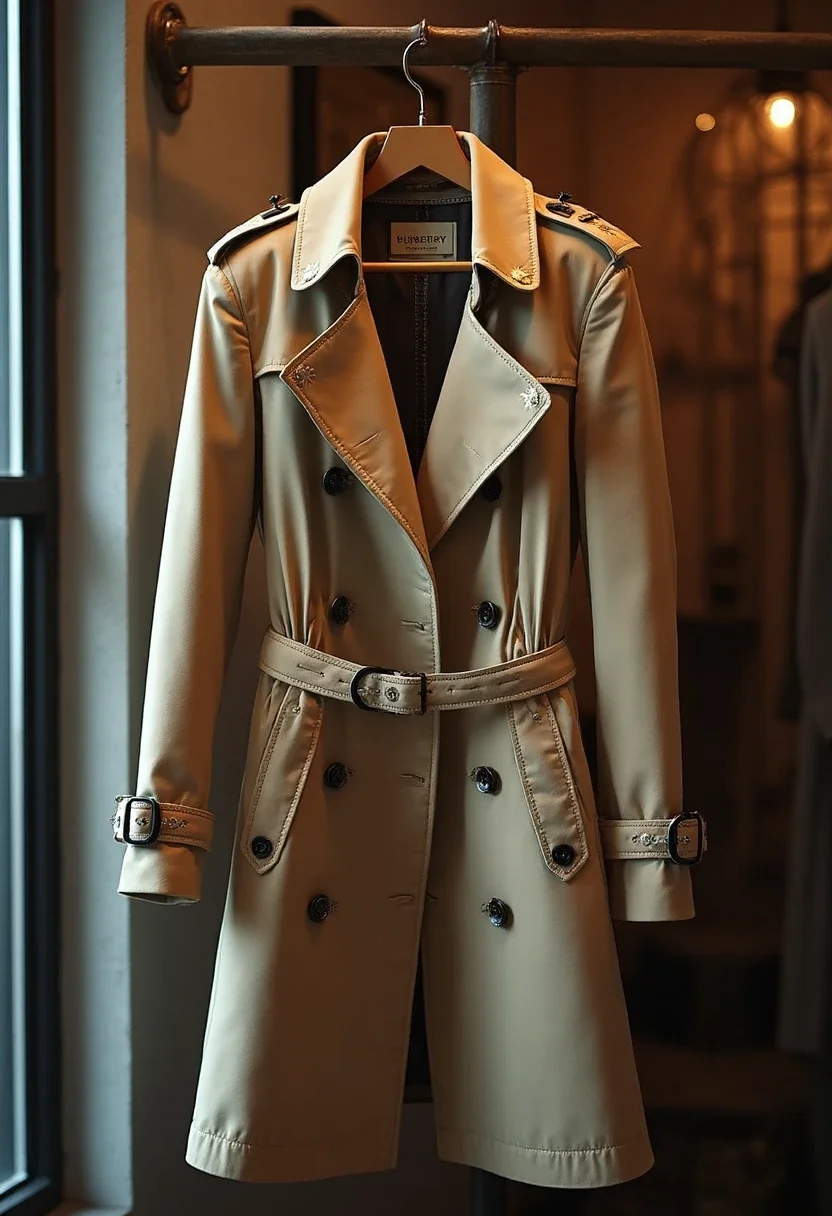 Vintage Burberry trench coat on a rack.