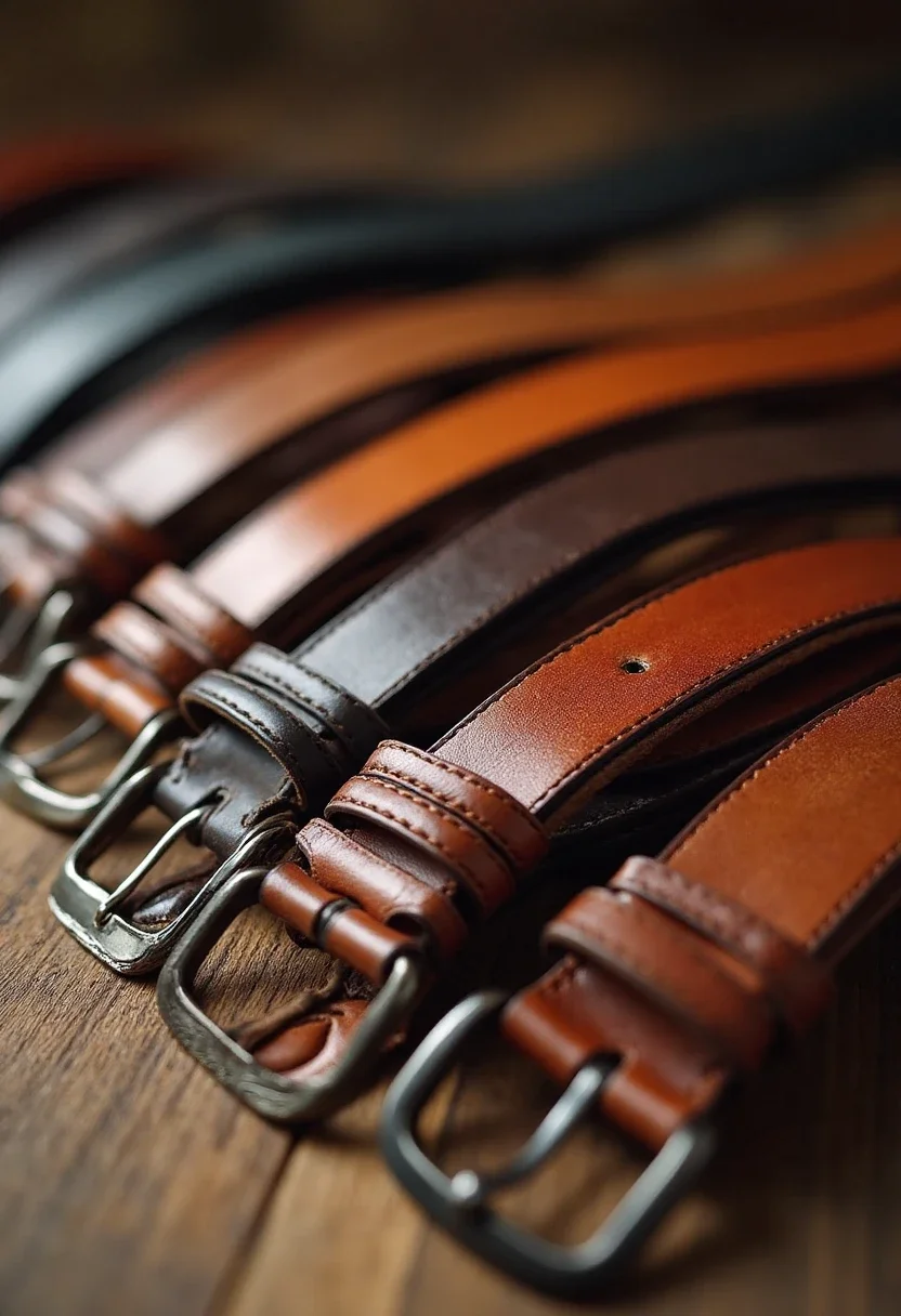 Leather belts in shades of brown on a table.