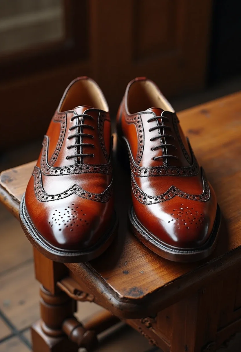 Polished leather brogues on a wooden bench.