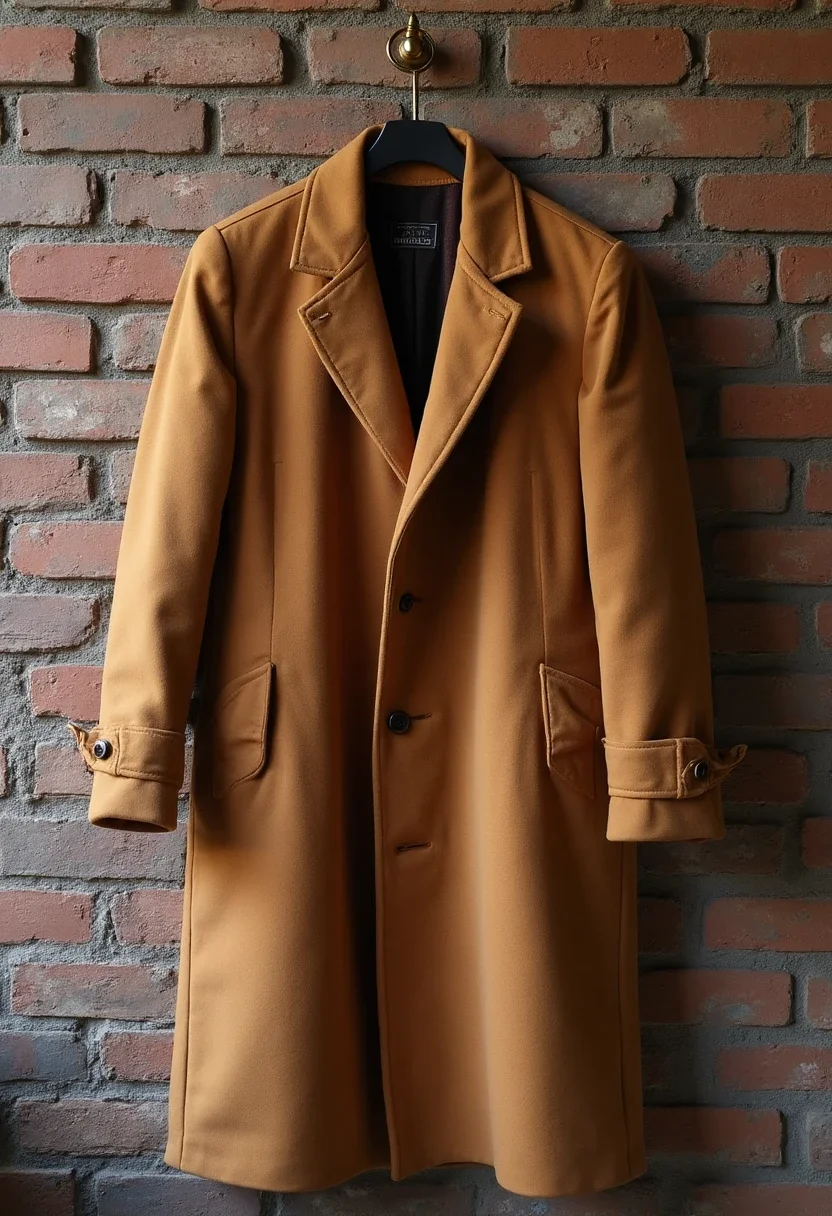 Camel overcoat hanging on a hook.