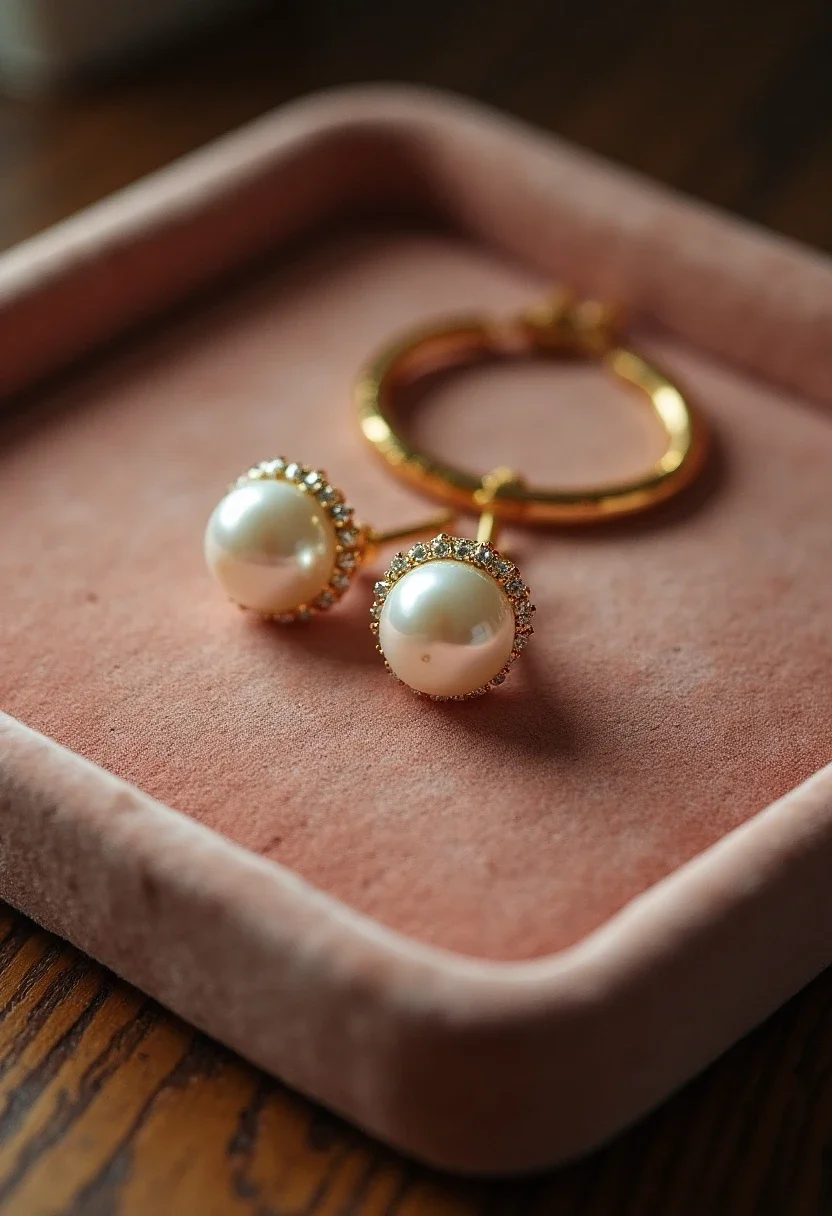 Pearl earrings and gold bangle on a velvet tray.