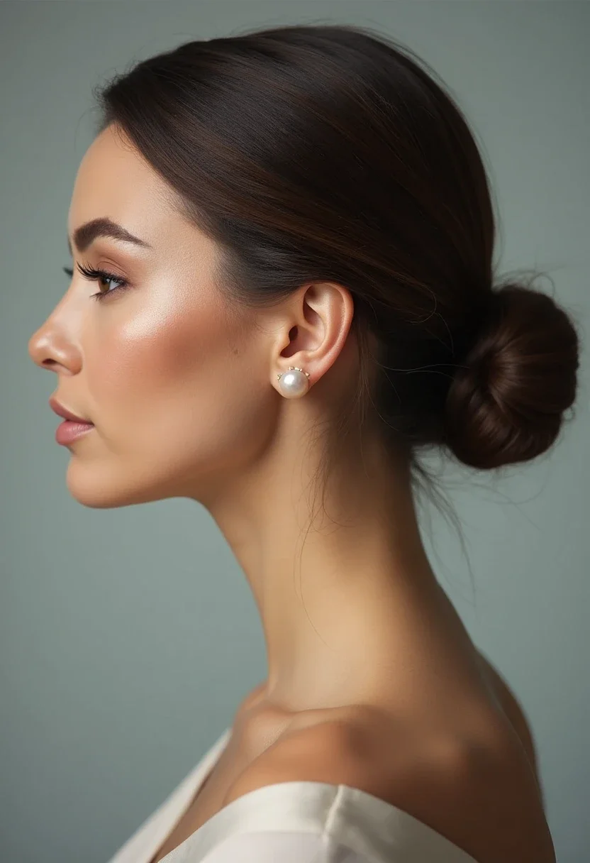 Woman with a sleek low bun hairstyle.