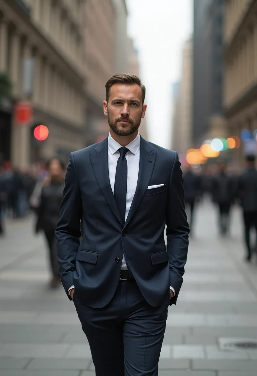 Person in a tailored suit walking confidently.