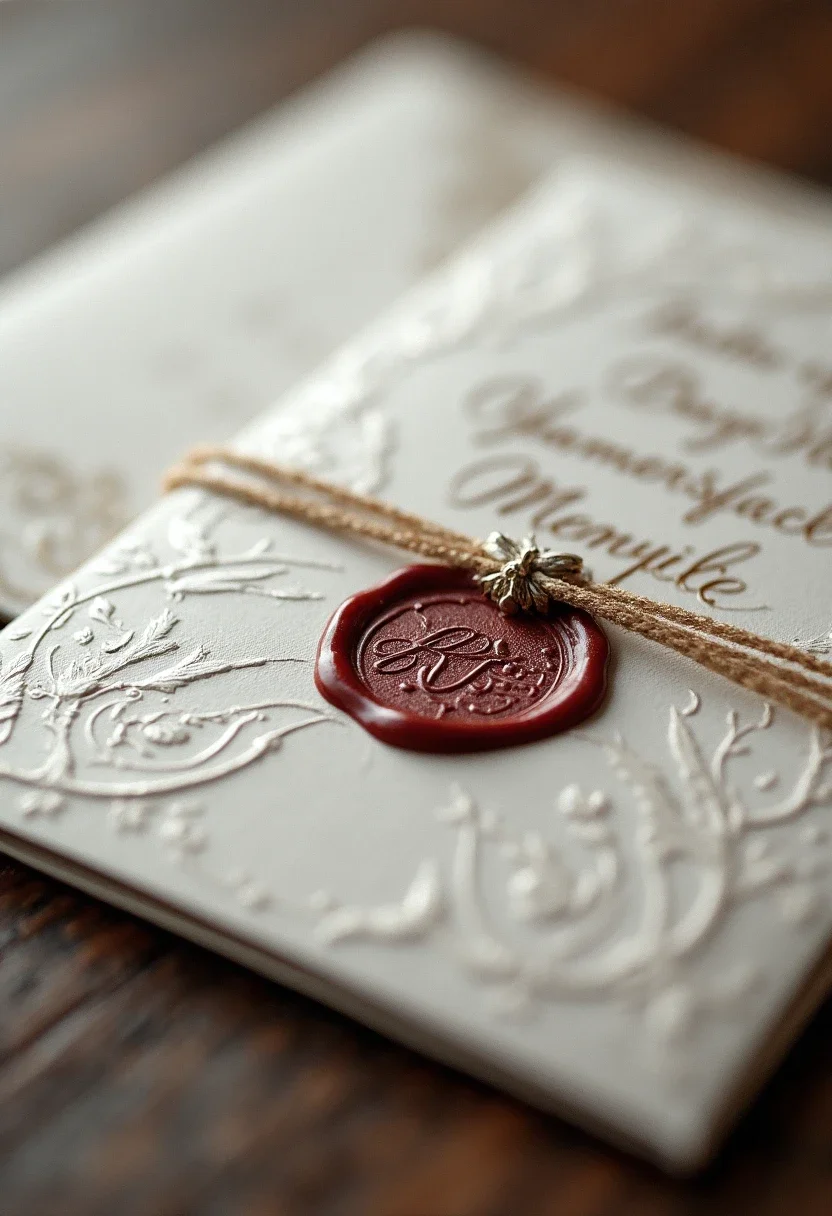 Elegant wedding invitations with embossed lettering and a wax seal.