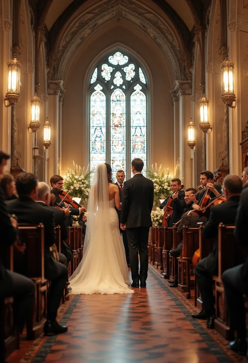 A formal wedding ceremony in a historic church with a string quartet.