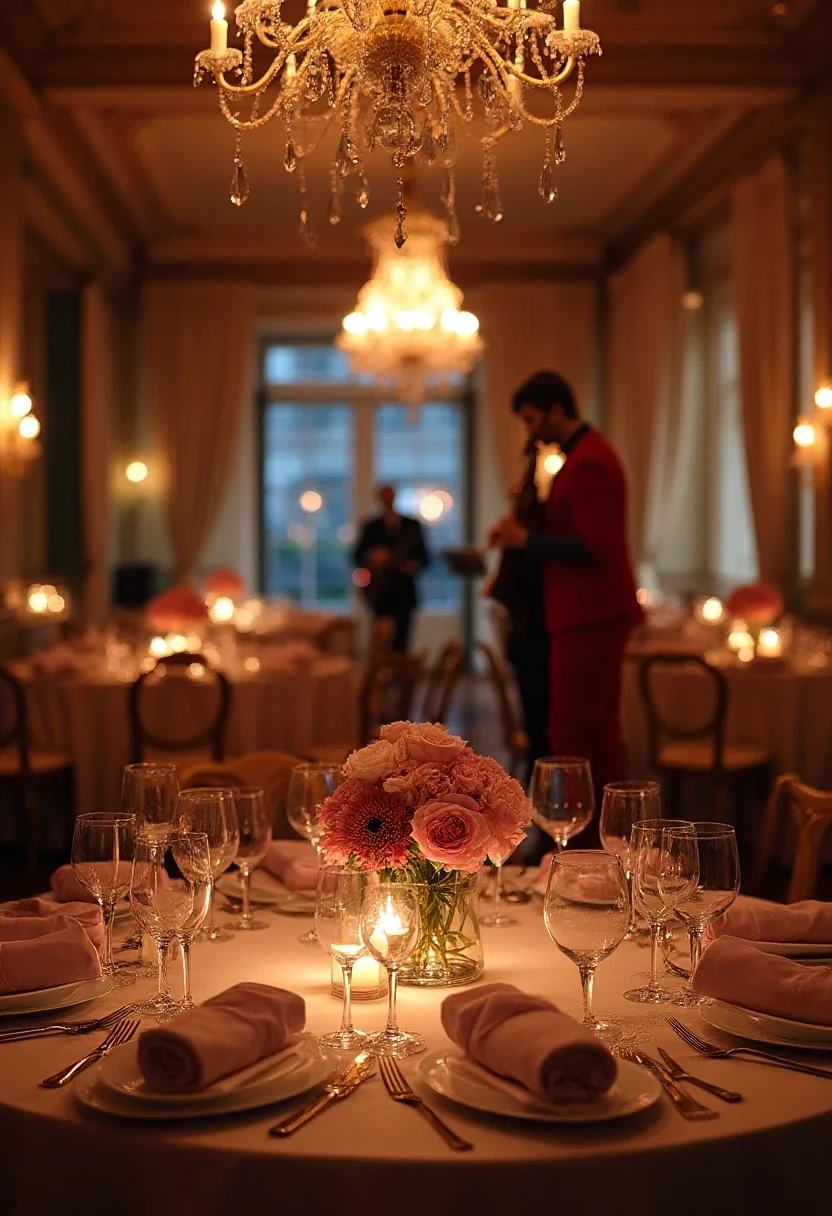 An elegant wedding reception with a fine dining setup and live jazz band.