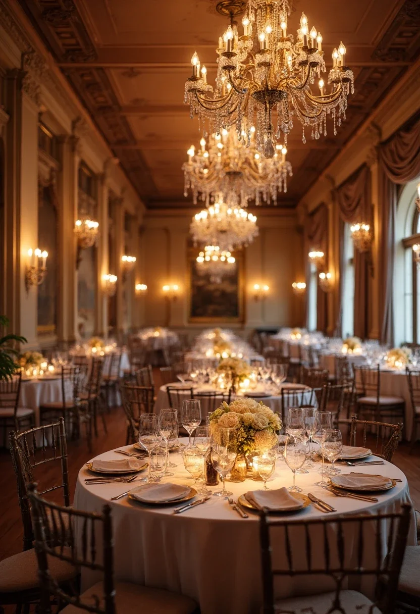 A wedding reception hall with classic chandeliers and elegant table settings.