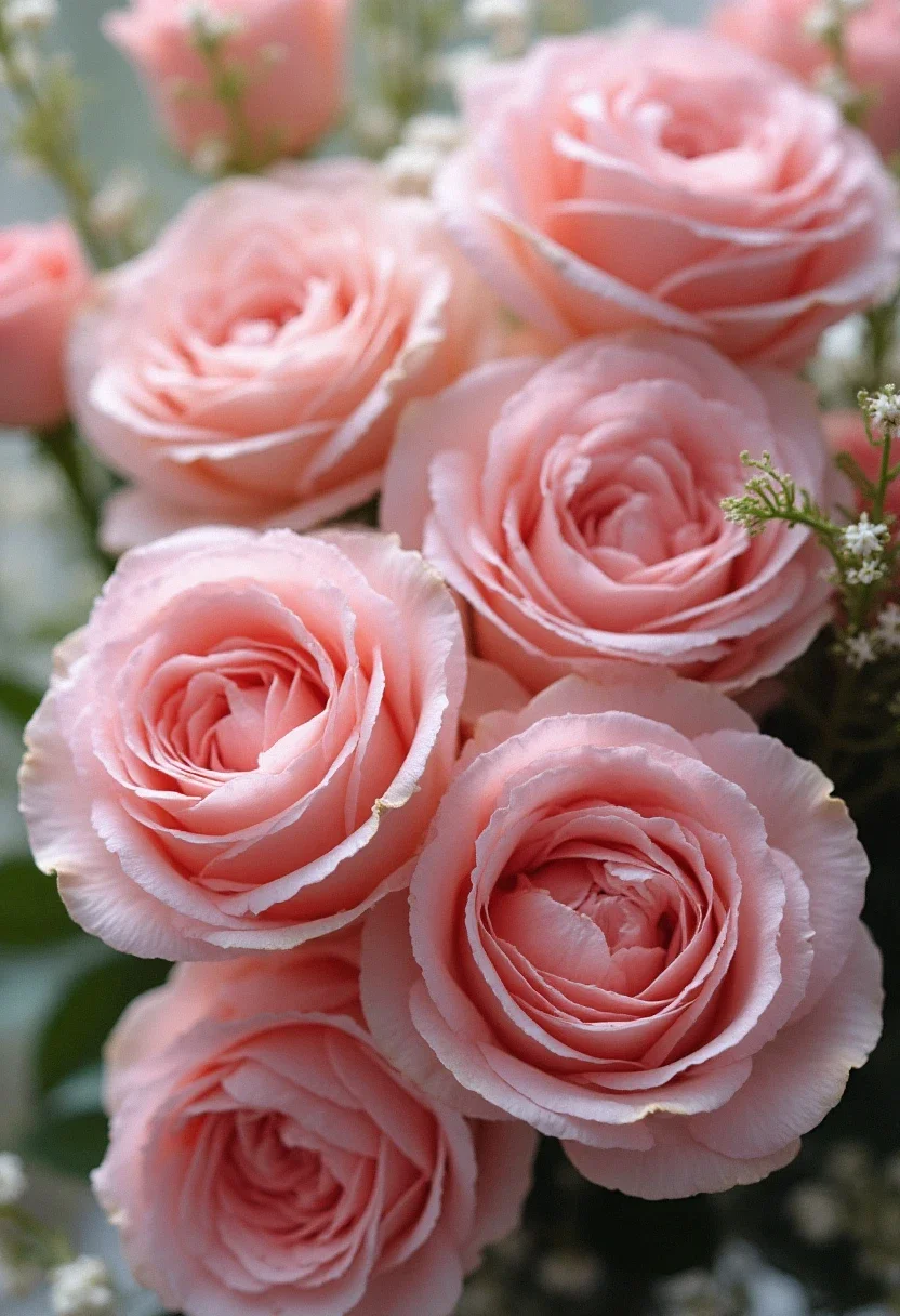 Lush floral arrangements with roses and peonies in soft pastel colors.