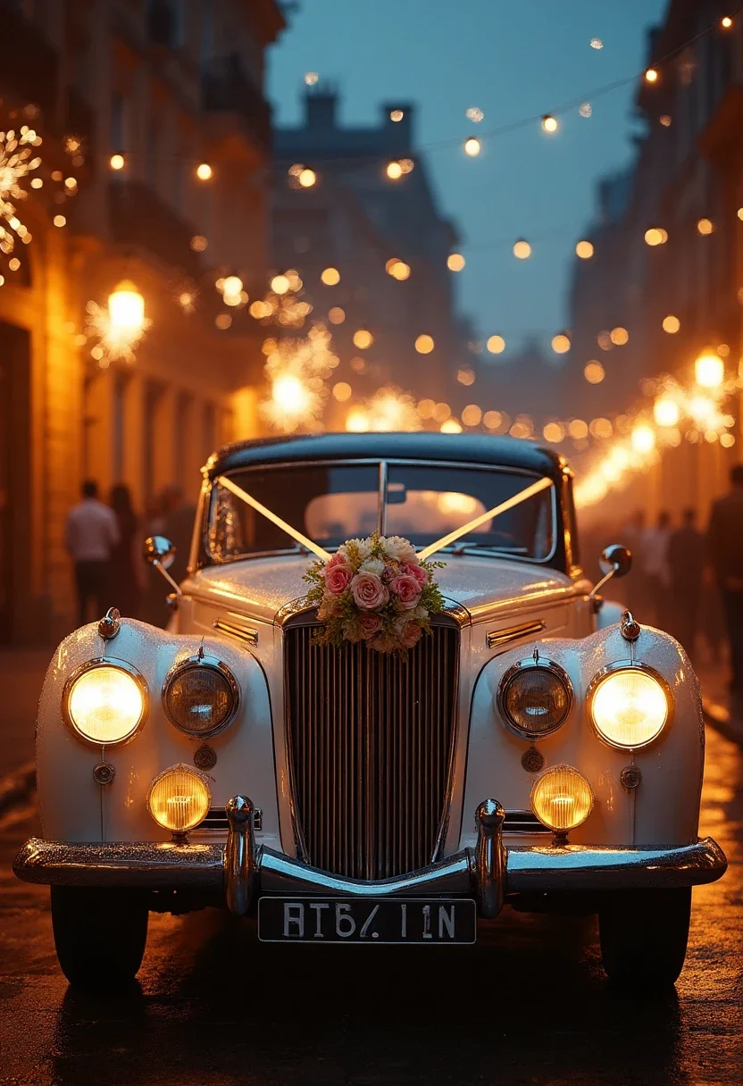 A classic car decorated for a wedding departure with a sparkler send-off.
